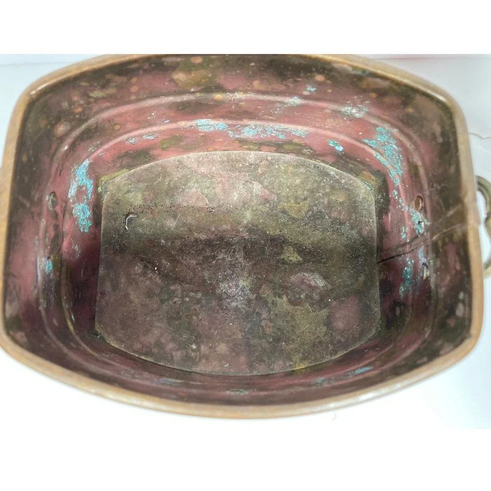 Vintage Oval Copper and Brass Planter with Handles Rustic Patina Farmhouse Decor